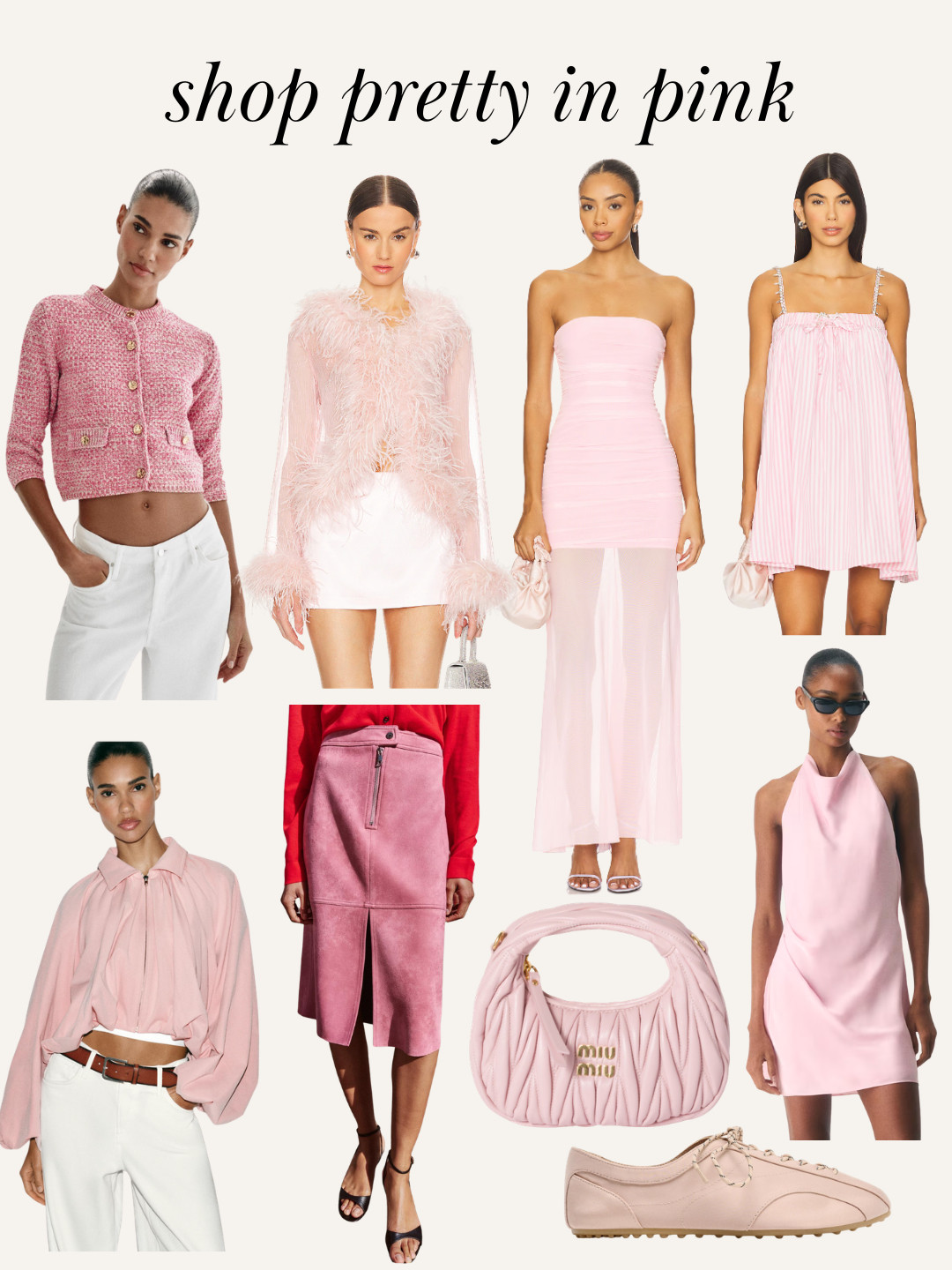 Pretty in pink trend for Spring! Pink dress, pink shos, pink miu miu bag, pink jaxket 

 