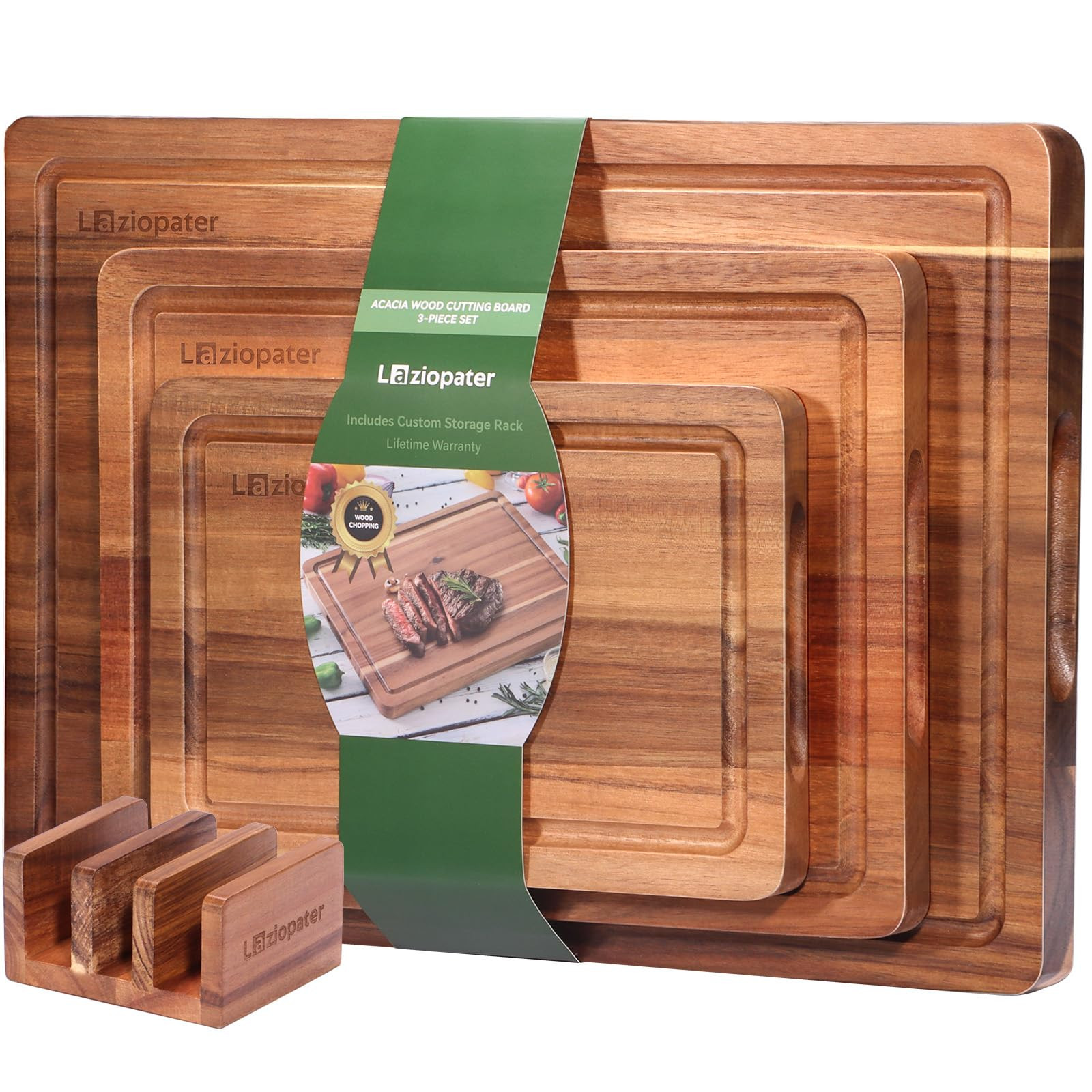 Acacia Wood Cutting Board，Solid Wood Cutting Board Set of 3 with Holder with Deep Juice Grooves... | Amazon (US)