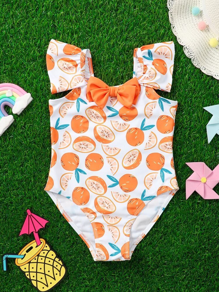 Toddler Girls Orange Print Ruffle One Piece Swimsuit | SHEIN