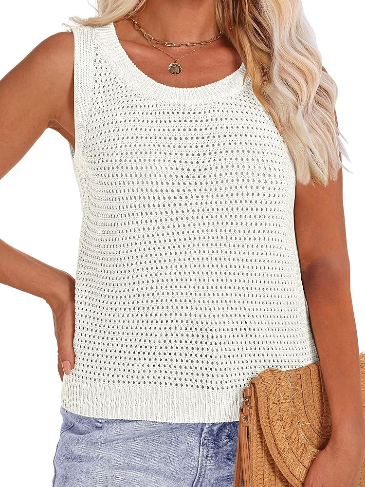 Womens Crochet Tank Tops Sleeveless Summer Knit Crop Tops Crewneck Hollow Out Sweater Vest | Amazon (US)