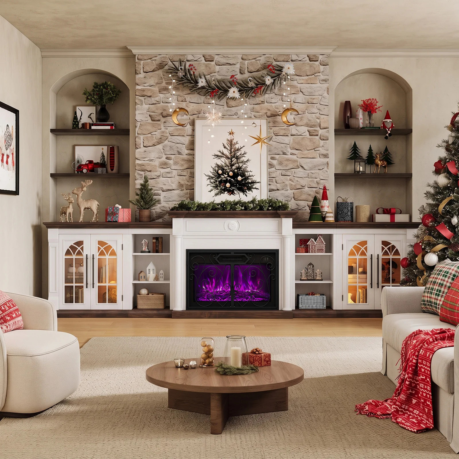 135" Electric Fireplace TV Stand with Mantel Retro Scrollwork Doors, Fits TVs up to 115", Modern Farmhouse Media Console with Heating, APP Control & A | Wayfair North America