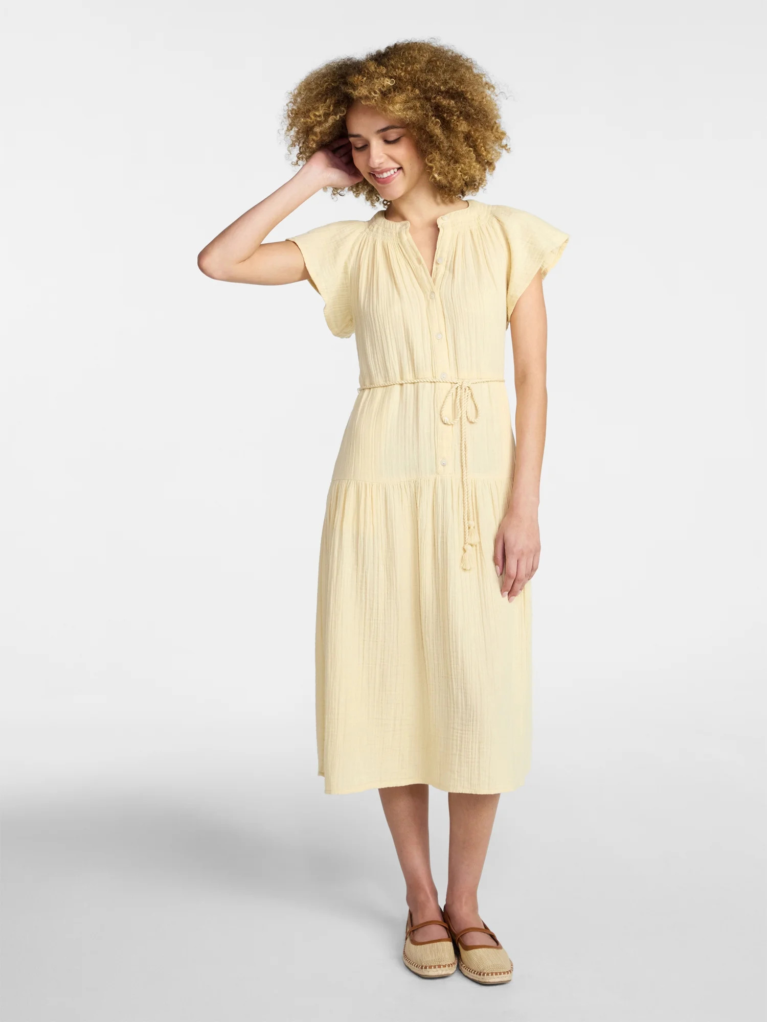 Time and Tru Women's Cotton Double Cloth Midi Dress with Short Flutter Sleeves, Sizes XS-XXXL | Walmart (US)