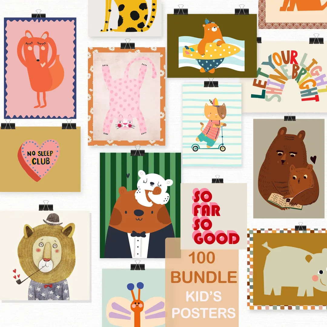 Kid's Room 100 Eclectic Posters, Nursery Gallery Wall Art, Decor Animals, Gender Neutral Playroom... | Etsy (US)