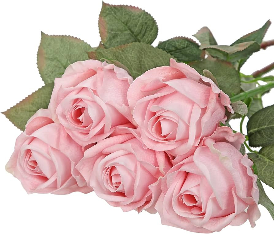 Artificial Realistic Roses Pale Pink Flowers 24" Real Touch Silk Roses Bouquet Long Stems Rose Fa... | Amazon (US)