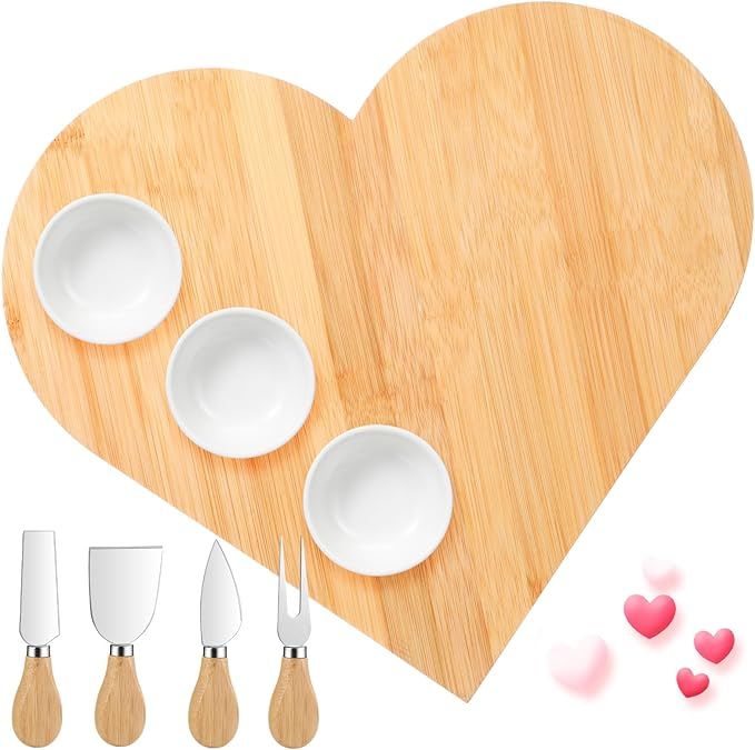Domensi Heart Shaped Bamboo Cutting Board Serving Tray with 3 Dip Bowls and 4 Charcuterie Knives ... | Amazon (US)