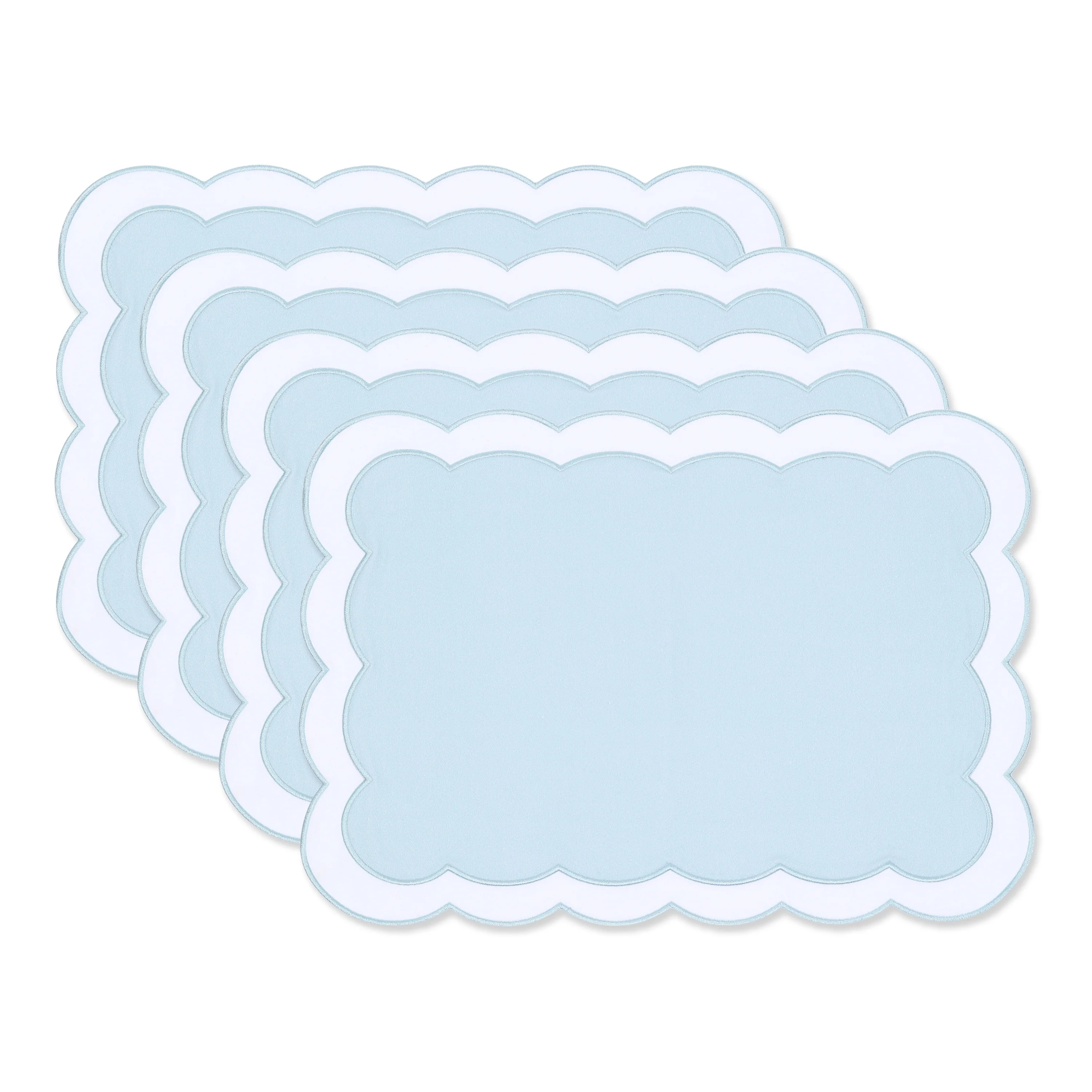 Coastal Indoor Outdoor Scalloped Placemat Set of 4, Solid B, Baby Blue, 14 | Hofdeco