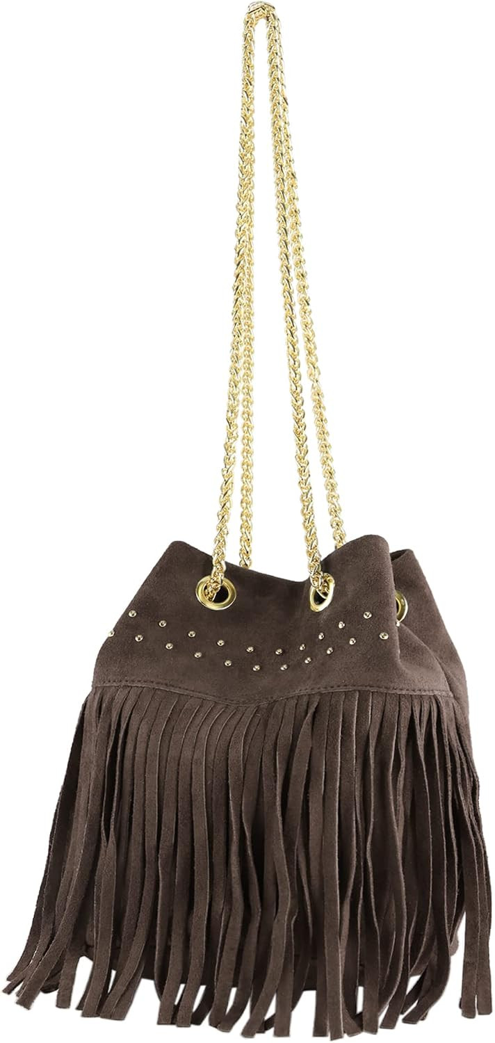 modamoda de T244 ladies shoulder bag suede with fringes and gold chain handmade in Italy | Amazon (US)