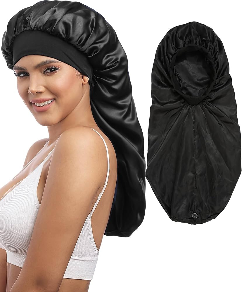 AWAYTR Long Satin Braids Bonnet for Women - 2 Layer Silk Bonnet for Braids Elastic Hair Sleeping ... | Amazon (US)
