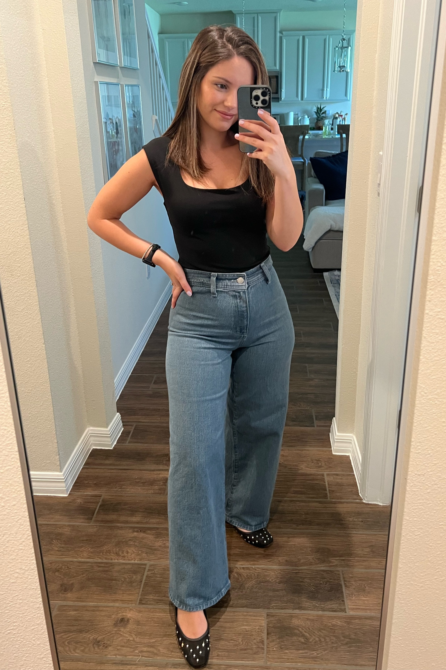 I’m 5”1 for inseam reference.. 
Casual outfit with studded sheer black flats
Studded flats 
Sheer flats 
Wide leg pants outfits 