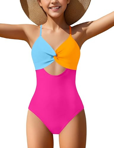 NECIOUS Girls Swimsuit One Piece Girl Bathing Suits Color Block Cutout Kids Girls' Swimwear with Cover Up Skirt Size 9-10 | Amazon (US)