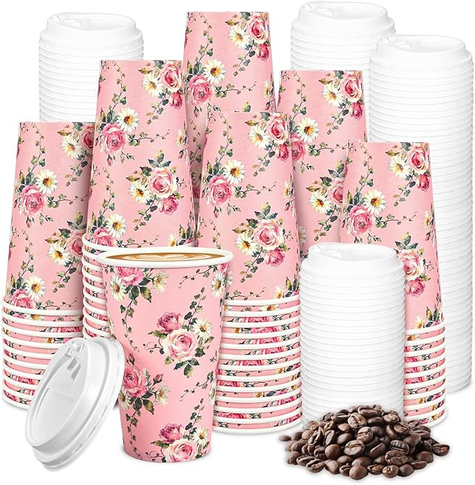 AnyDesign Spring Floral Disposable Coffee Cups with Lids 16 Oz Pink Rose Daisy Flower Paper Drink... | Amazon (US)
