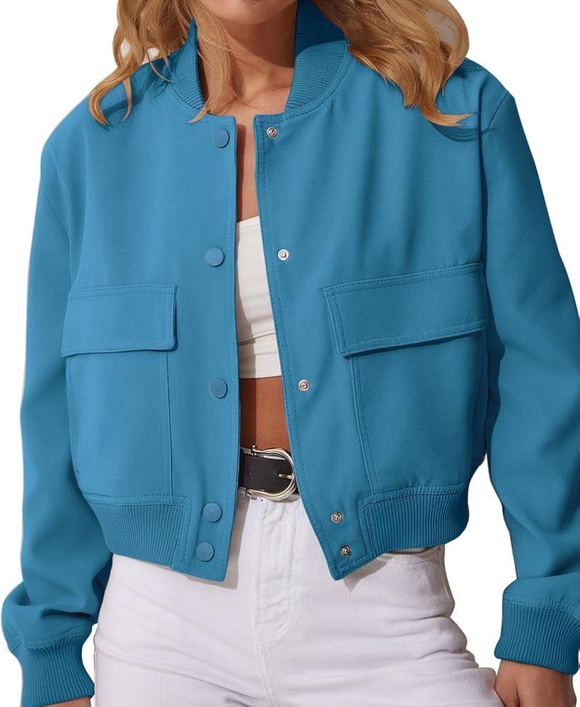 Modegal Women's Varsity Bomber Jackets Long Sleeve Cropped Button Down Casual Coat with Pockets O... | Amazon (US)
