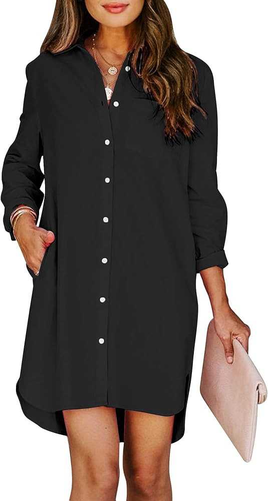 Womens Button Down Shirt Dresses with Pockets Cotton Button Up Tunics Long Sleeve Solid High Low ... | Amazon (US)