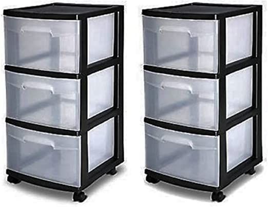 3 Drawer Organizer Cart Black Plastic Craft Storage Container Rolling Bin Set 2 | Amazon (US)