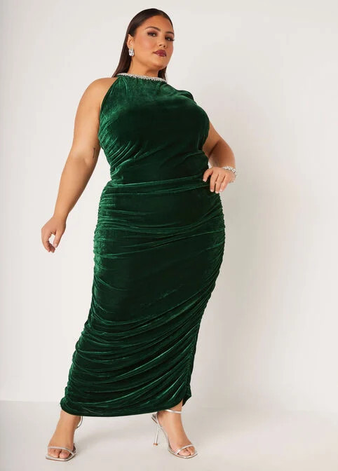 Ruched Embellished Velvet Gown | Ashley Stewart