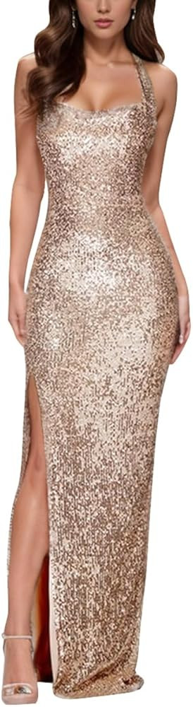 Wedding Guest Dresses for Women Sequin Sleeve Boycon Split Floor Length Sparkly Maxi Dress | Amazon (US)