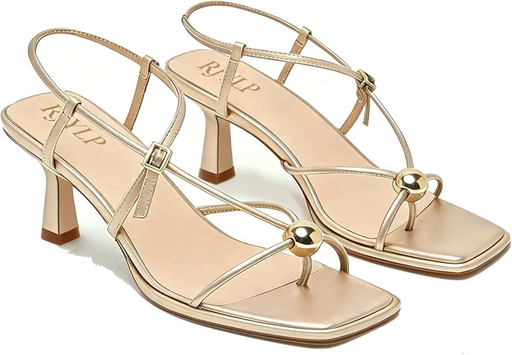 Amazon.com | RJYLP Strappy Heels for Women Square Toe Slingback Kitten Heels Dressy Thong Flip Fl... | Amazon (US)