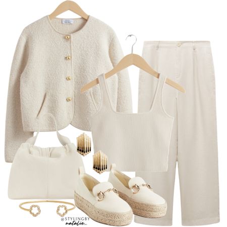 Boucle jacket, wide leg linen trousers, ribbed vest top, espadrille loafers, gold jewellery & tote bag.
Neutral, casual outfit, spring outfit, transitional outfit.

#LTKSeasonal #LTKeurope #LTKstyletip