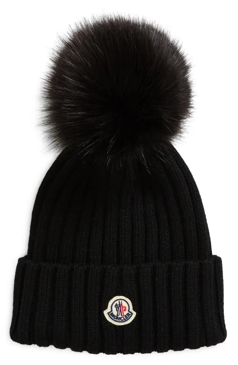 Virgin Wool Rib Beanie with Faux Fur Pompom | Nordstrom