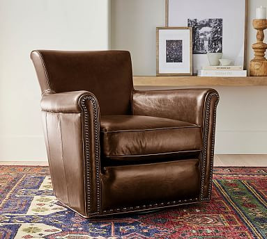 Irving Roll Arm Leather Swivel Armchair with Nailheads | Pottery Barn (US)