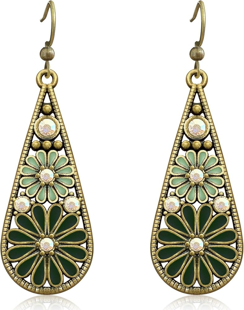 Handmade Bohemian Tribal Retro Copper Crystal Teardrop Dangle Drop Earrings National Style Geomet... | Amazon (US)