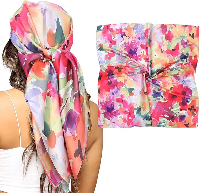 AWAYTR 35” Silk Scarf for Women Large Head Scarf Square Hair Scarf Satin Hair Bandana Printed S... | Amazon (US)