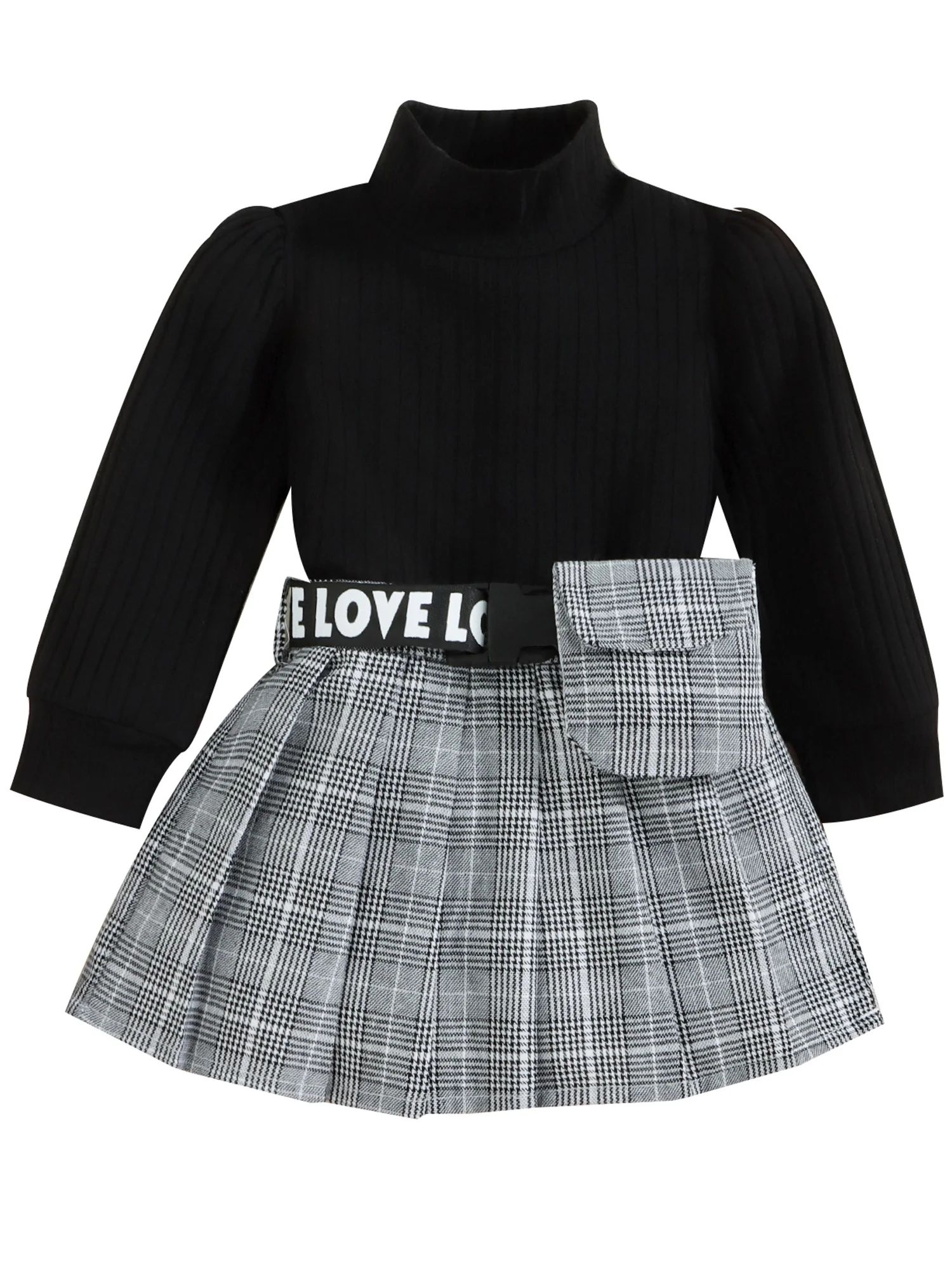 Musuos Baby Girl Turtleneck Ribbed Long Sleeve Sweater Tops Plaid Skirt with Belt Bag | Walmart (US)