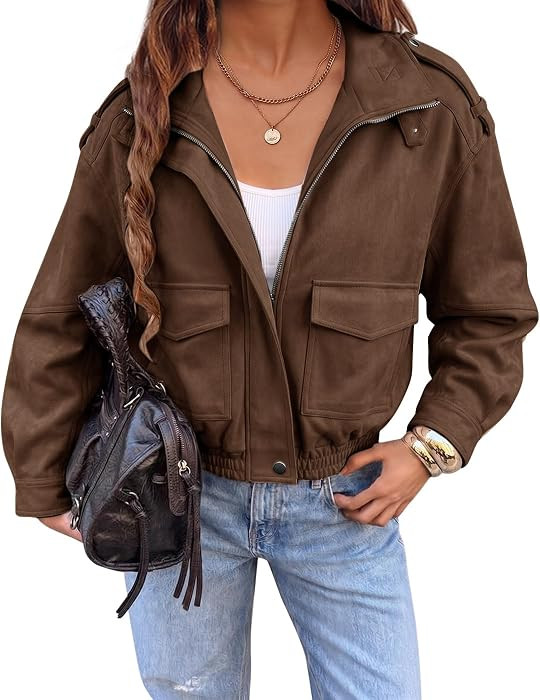 Faux Suede Cropped Jackets for Women Trendy Fall Shackets Coats | Amazon (US)