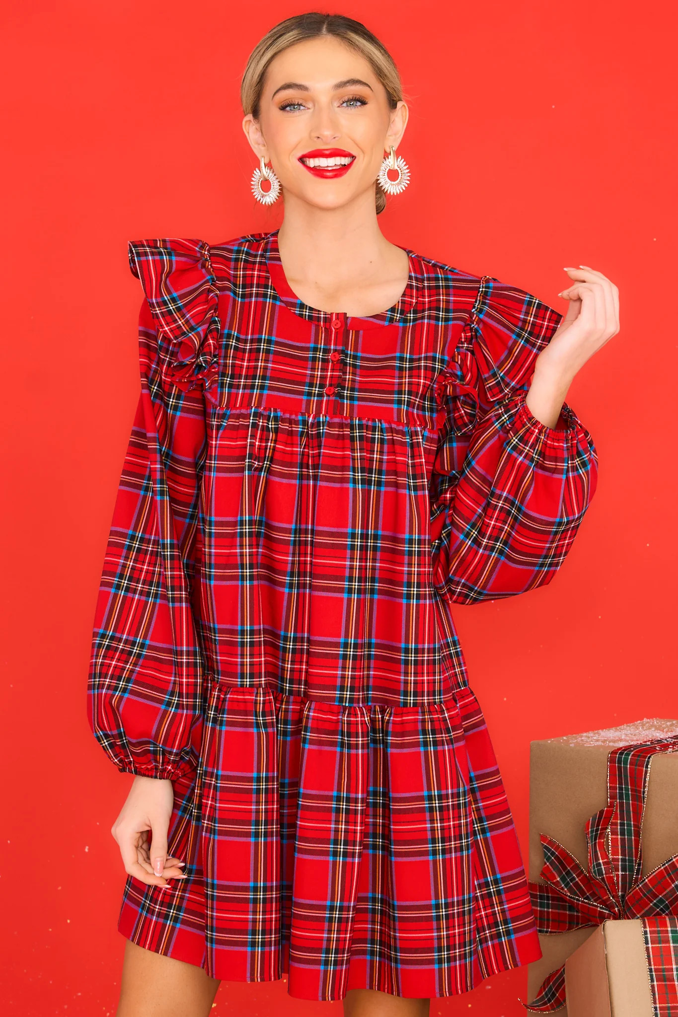 Yuletide Elegance Red Plaid Dress | Red Dress 