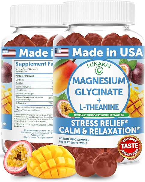 Lunakai USA Made Magnesium Glycinate Gummies with L-Theanine for Kids & Adults – 420mg Magnesiu... | Amazon (US)