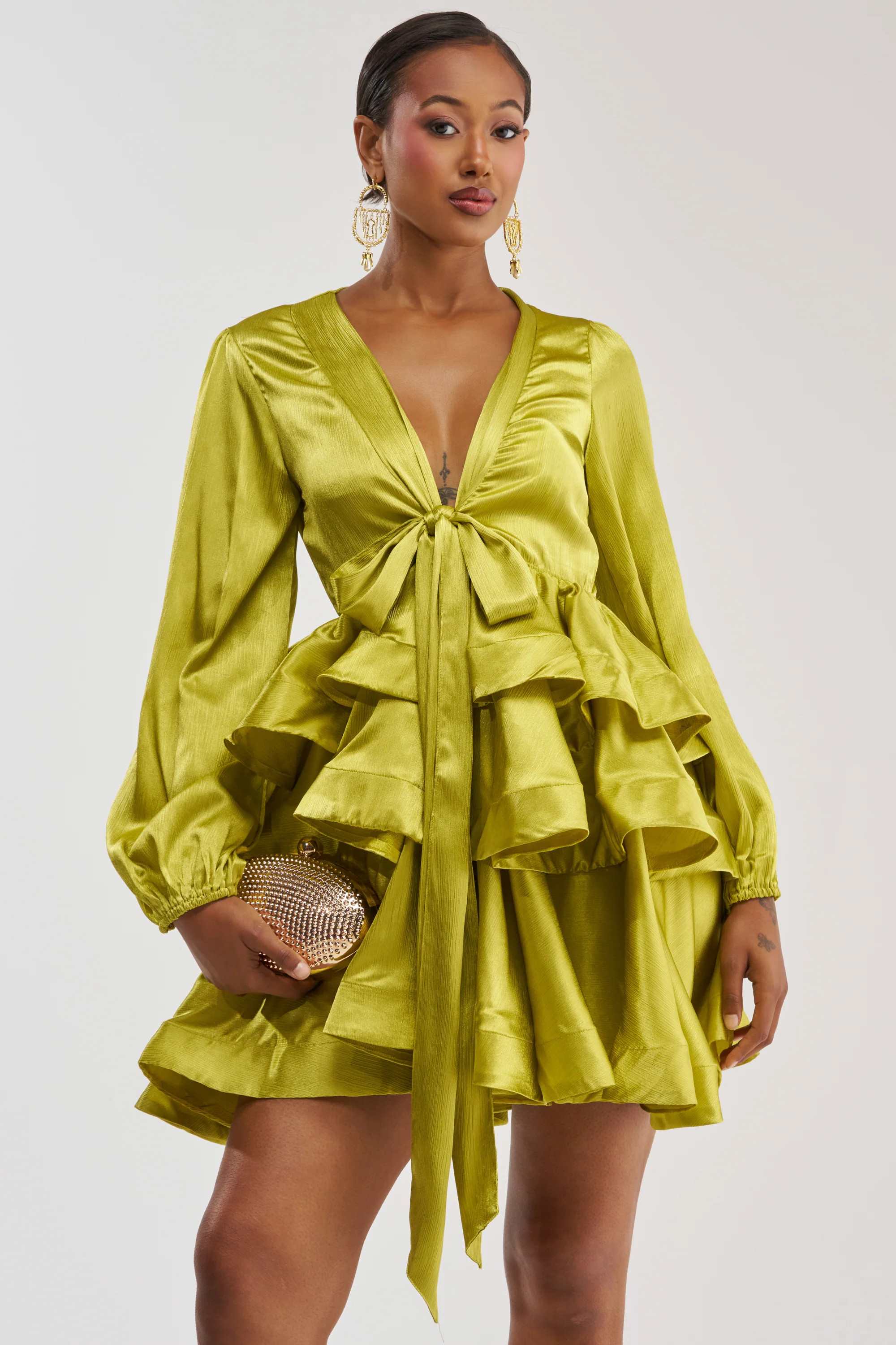 ARIANA SATIN RUFFLED MINI DRESS IN GREEN | AKIRA
