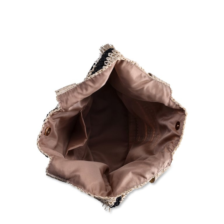 No Boundaries Women's Fringed Woven Straw Tote Bag, Natural/Black Stripe | Walmart (US)