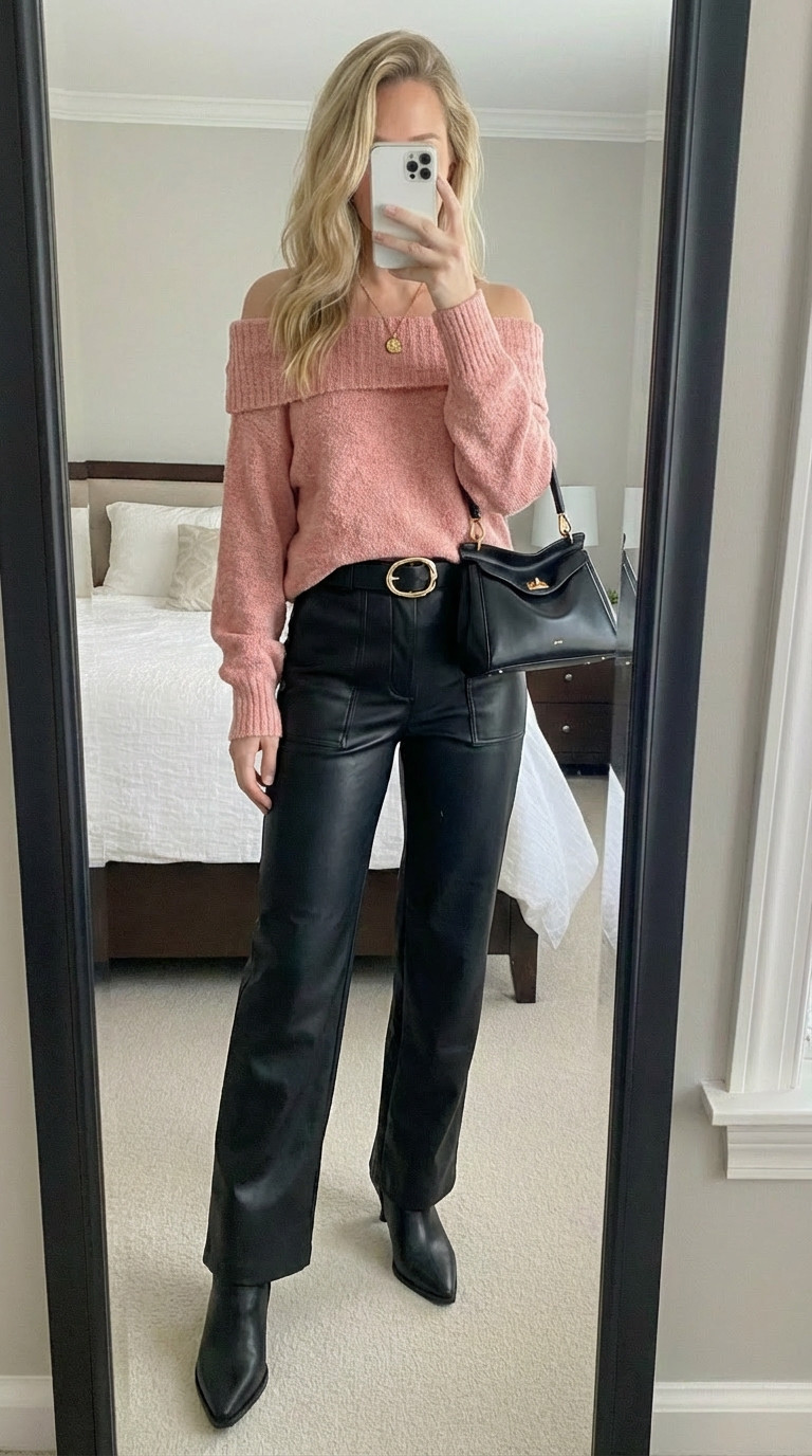 Pink and leather obsession! 💕🖤
This dusty pink off-shoulder sweater is SO gorgeous! Love the soft knit texture, cold shoulder neckline, and how the ribbed collar sits perfectly. The blush pink color is feminine and flattering!
Paired it with black faux leather pants, a black belt with gold hardware, and black pointed toe ankle boots for a sleek, sophisticated look. My structured black handbag with gold accents ties everything together beautifully!
Added a layered gold necklace for a touch of polish. This outfit is perfect for date night, Valentine's Day, girls night out, or any occasion where you want to look chic and put together!
The off-shoulder sweater comes in multiple colors and is so cozy! These high-waisted leather pants with front pockets are incredibly flattering and such a wardrobe staple. Can style them a million different ways!
Shop this chic outfit by following me in the LTK app 🛍️
#LTKfinds #LTKunder100 #offshouldersweater #pinksweater #leatherpants #fauxleather #blackandpink #valentinesdayoutfit #datenight #blackboots #pointedtoeboots #structuredbag #handbag #goldhardware #goldnecklace #ootd #outfitinspo #chicstyle #elevatedstyle #fashionfinds 

 #LTKdayinmylife #LTKmorningroutine 

#LTKstyletip #LTKSeasonal