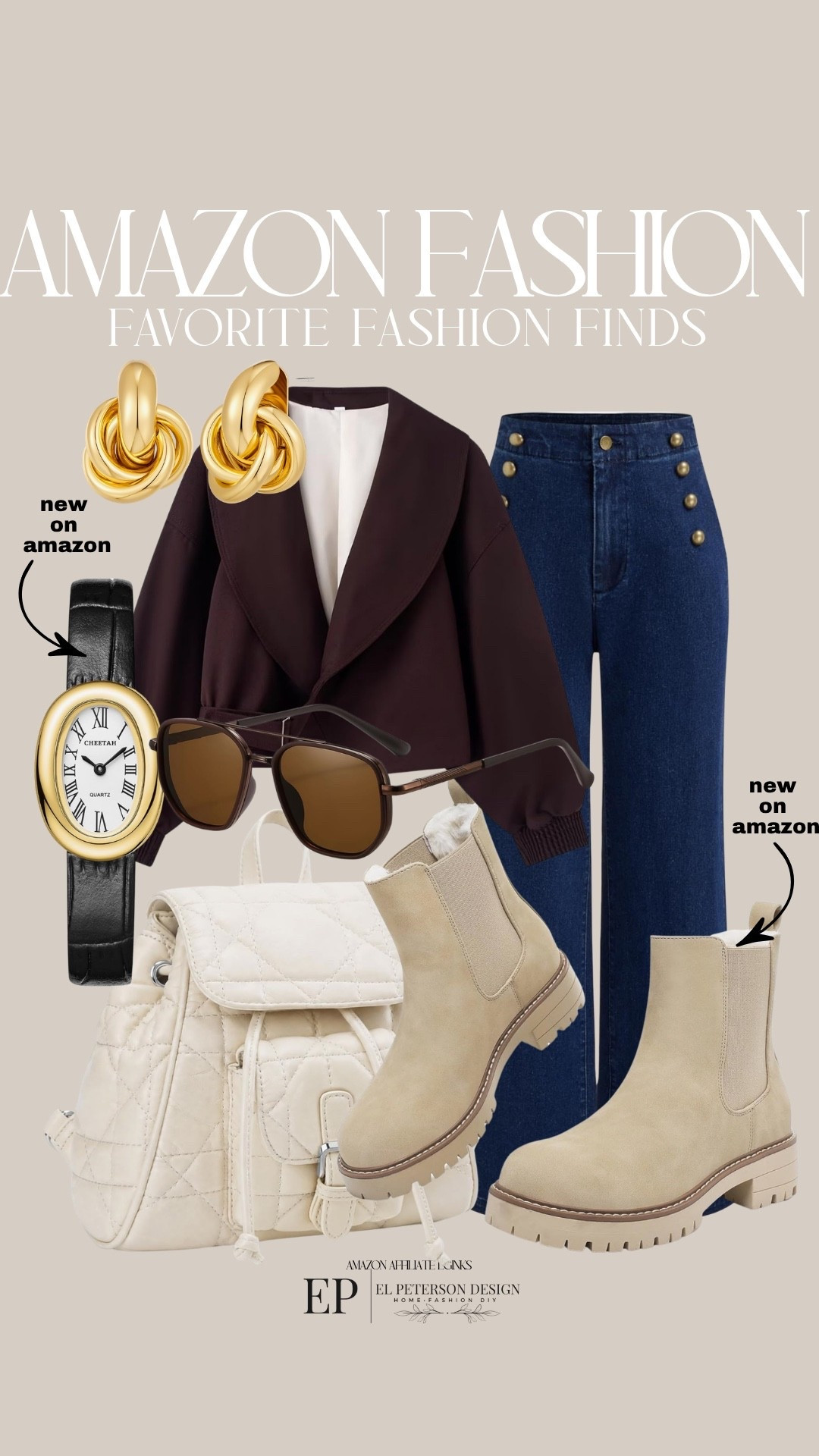 Amazon
Jeans
Jacket
Chelsea boots
Watch
Earrings
Backpack
Sunglasses