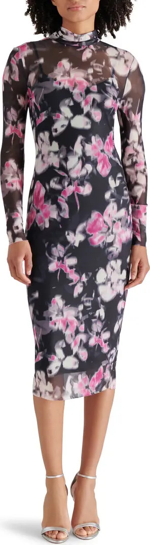 Vivienne Floral Long Sleeve Turtleneck Mesh Midi Dress | Nordstrom