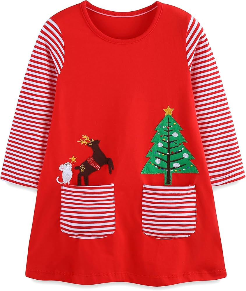 FreeLu Girls Cartoon Casual Dress Toddler Jersey Cotton Party Dresses Applique Embroidery Longsle... | Amazon (US)