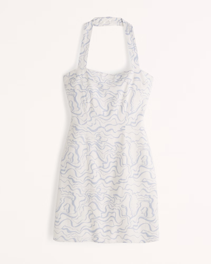 Abercrombie & Fitch Women's Halter Linen-Blend Mini Dress in Blue Pattern - Size L TLL | Abercrombie & Fitch (US)