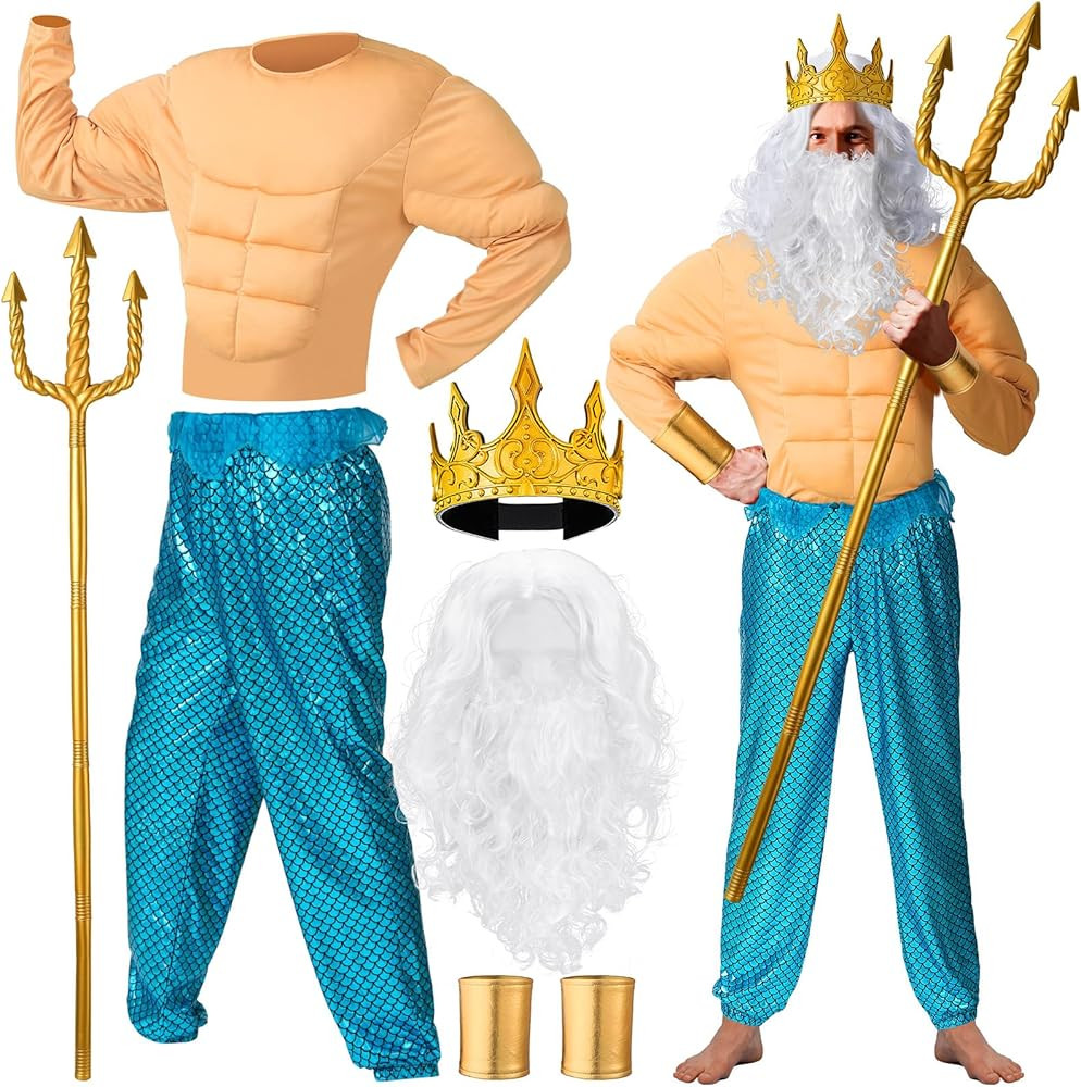 7 Pcs Halloween Poseidon Costumes Set King Sea Costume Mermaid for Men Adult Trident Crown Beard ... | Amazon (US)