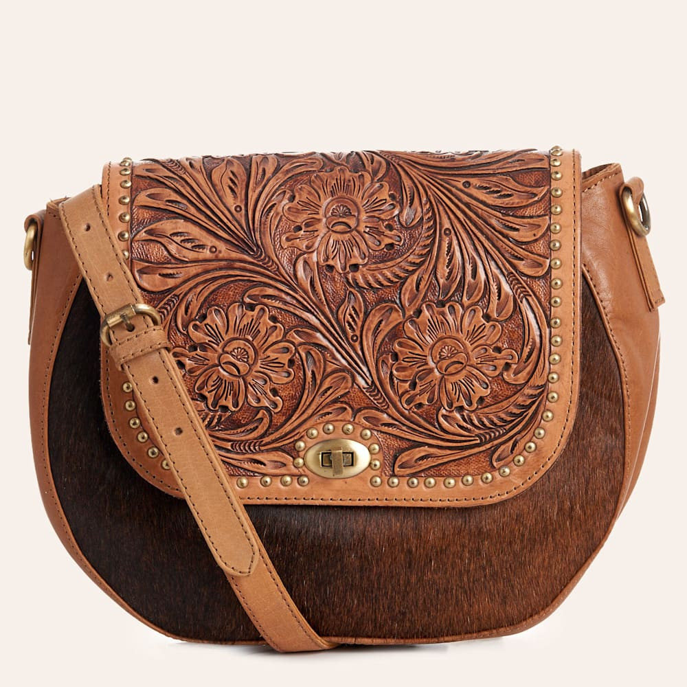 American Darling Brown Hair On & Tooled Leather Flap Round Crossbody Bag | Cavender's