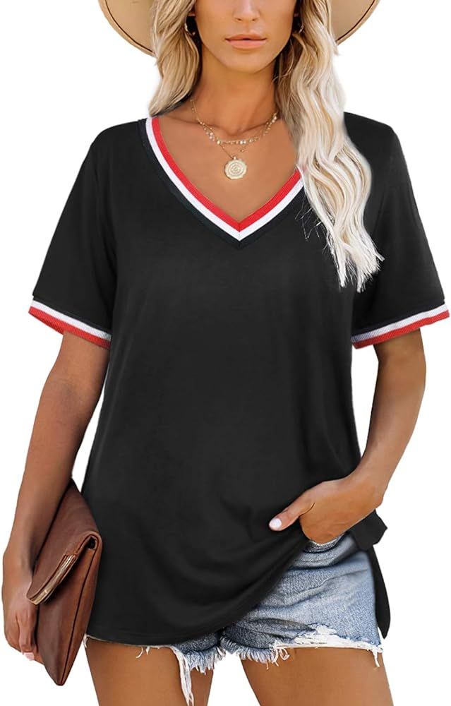 Bofell Womens T Shirts Loose Fit V Neck Tops Side Split Short Sleeve Tee Shirts S-2XL | Amazon (US)