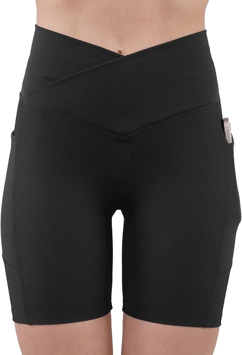 Womens 5" Crossover Workout Shorts High Waisted Ribbed Butt Lift Biker Running Compression Yoga Shor | Amazon (US)