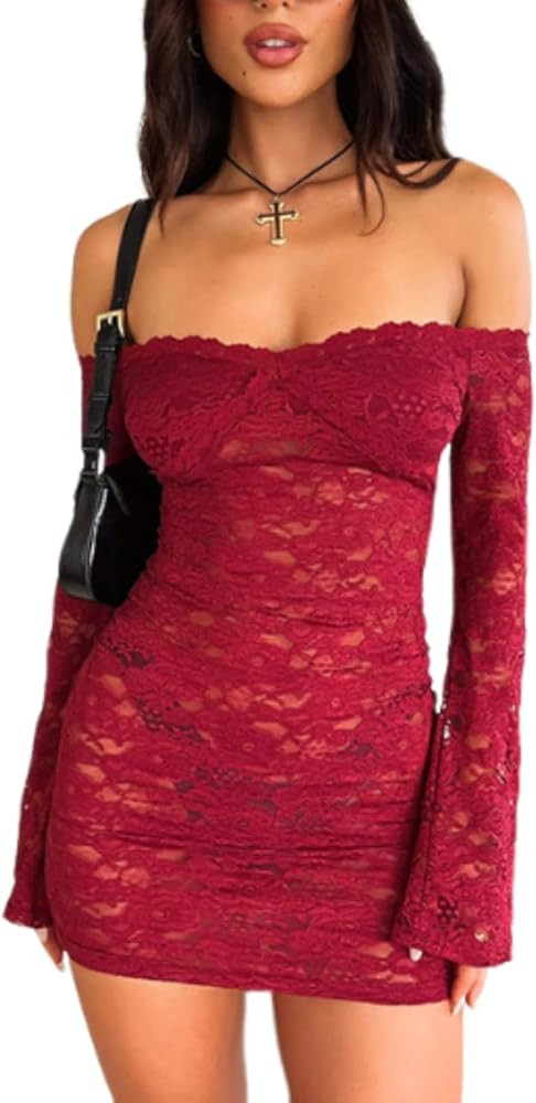 Womens Sexy Off Shoulder Lace Dresses Long Sleeve See Through Bodycon Mini Dress Y2K Dress Birthd... | Amazon (US)