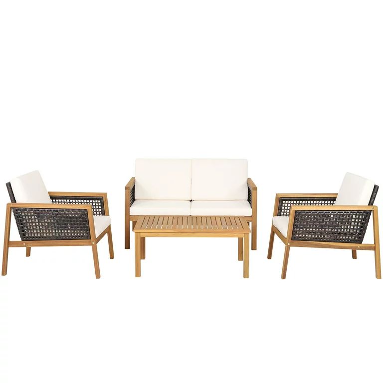Patiojoy 4-Piece Patio Acacia Wood Furniture Set Outdoor PE Rattan Conversation Set with Removabl... | Walmart (US)