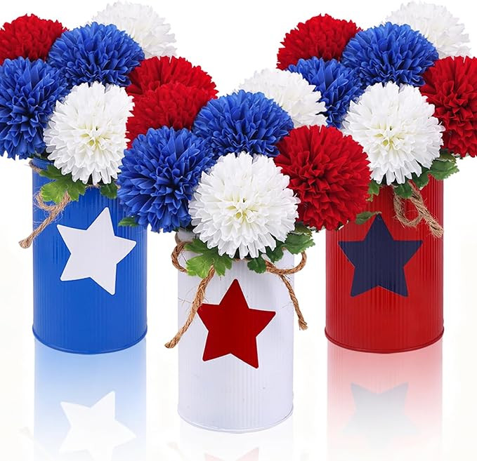 3 PCS 4th of July Table Decorations Patriotic Flowers Artificial in Patriotic Vase 9.6" 4th of Ju... | Amazon (US)