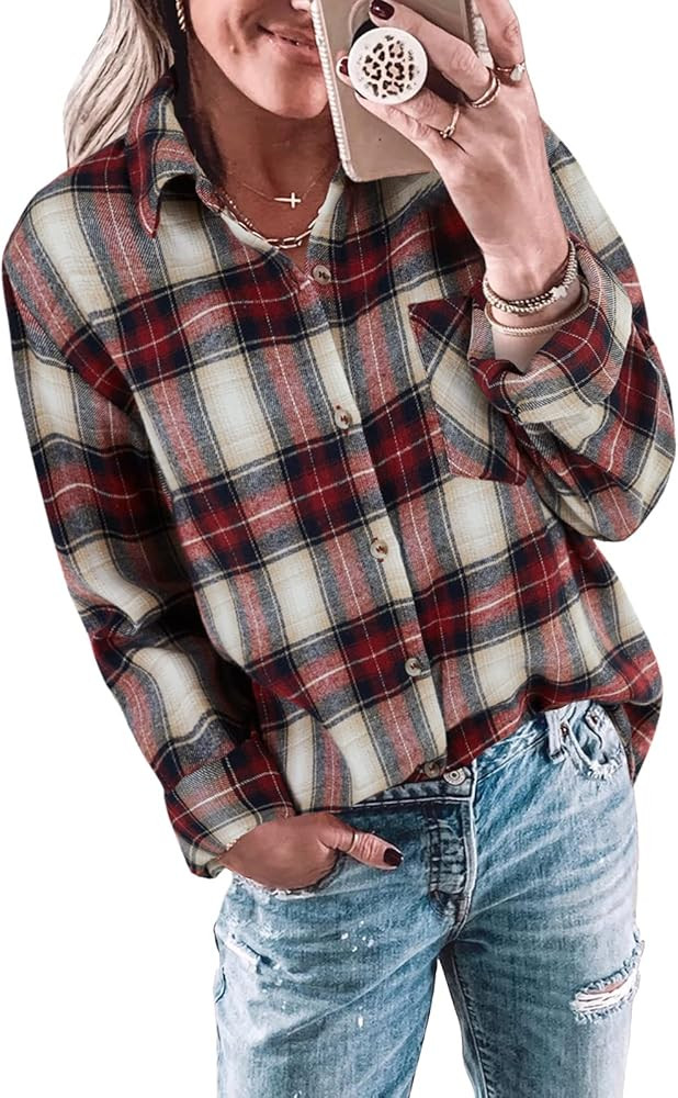 Wenrine Womens Long Sleeve Button Down Shirt Casual Plaid Flannel Shirt Collared Blouse Tops | Amazon (US)