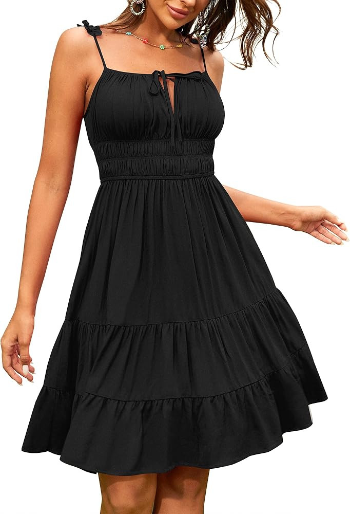 ZAFUL Womens Summer Spaghetti Strap Mini Dress Square Neck Sleeveless Smocked Waist Tiered Flowy ... | Amazon (US)