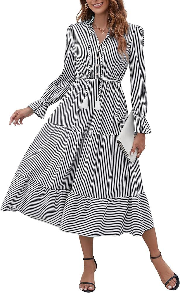 MISSKY Button Down Midi Dress for Women V Neck Tiered Stripped Dress Puff Short Sleeve A Line Ruf... | Amazon (US)
