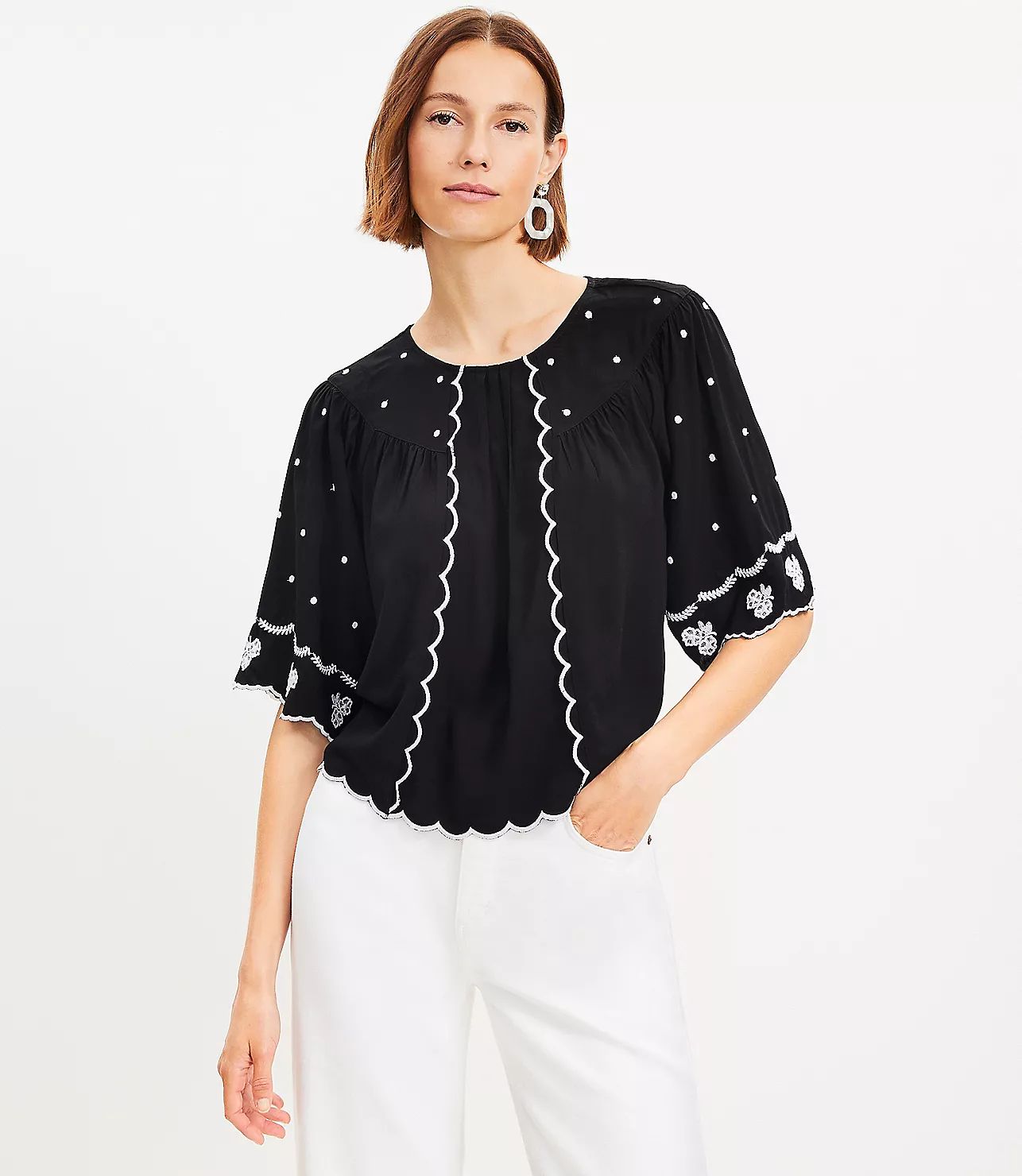 Embroidered Scalloped Blouse | LOFT