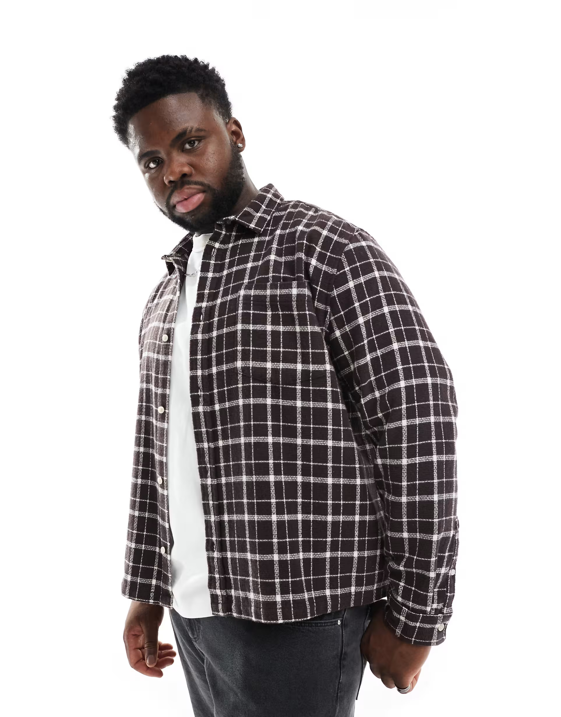 ASOS DESIGN boxy shirt with window pane check in brown | ASOS (Global)