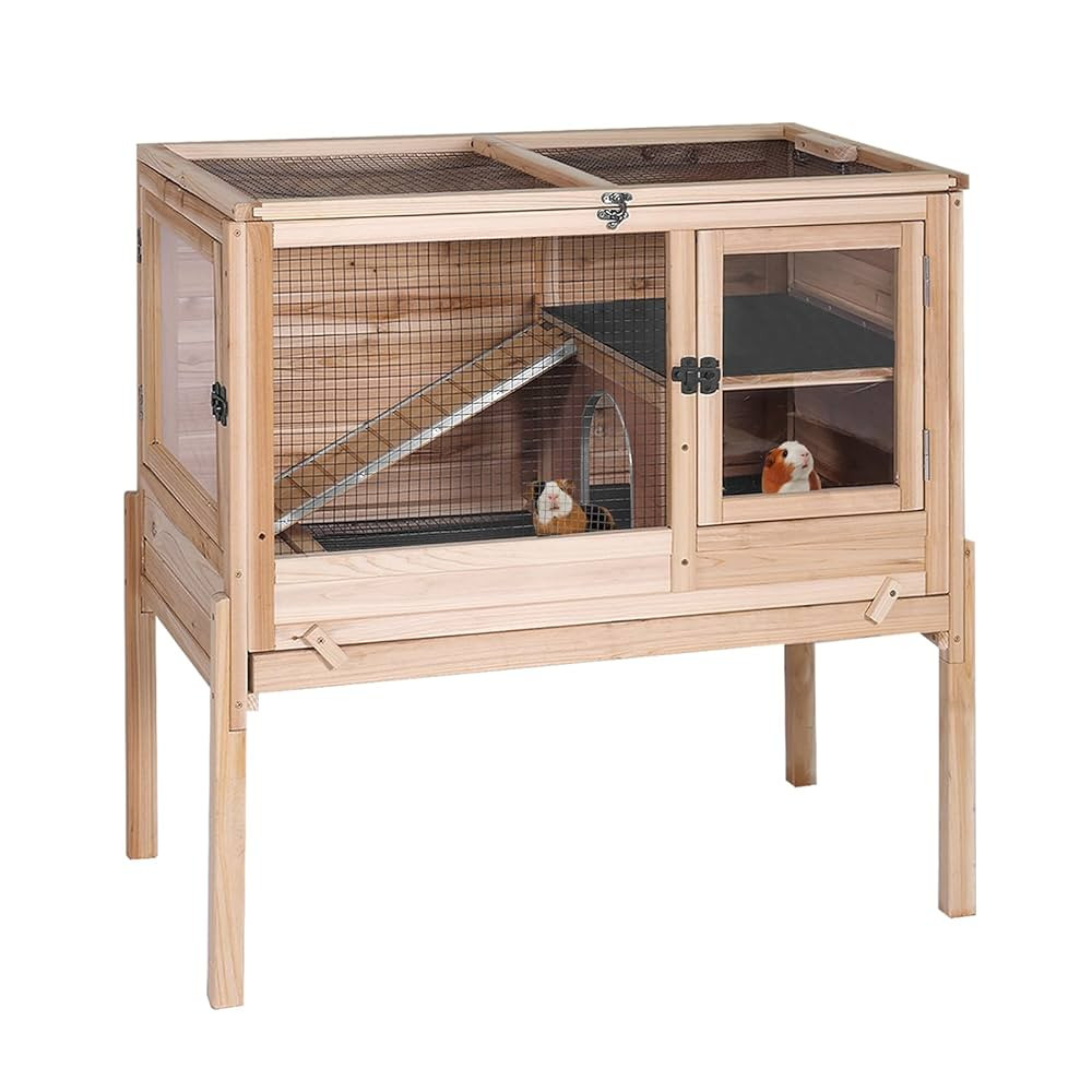 Indoor Bunny Cage Guinea Pig Cages - Wooden Small Animal Cage Rabbit Hutch with Chew-Proof Ramp, Pull-Out Tray, Leakproof PVC Layer & Detachable Legs for Rabbits, Guinea Pigs (Natural Wood) | Amazon (US)